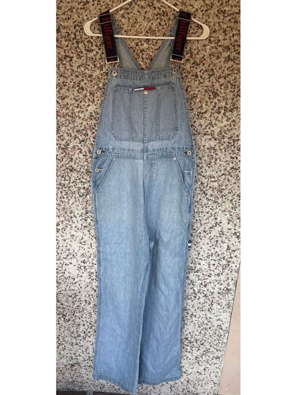Vintage 1999 Tommy Hilfiger Overalls L Logo Straps Flag Carpenter Light Wash Y2K